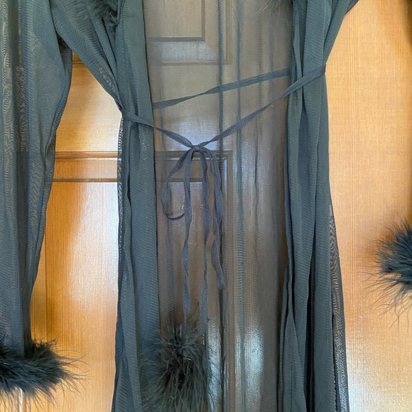 Robe, nighty and thong underwear set. Black with boa feather style trim accents. - Picture 3 of 10